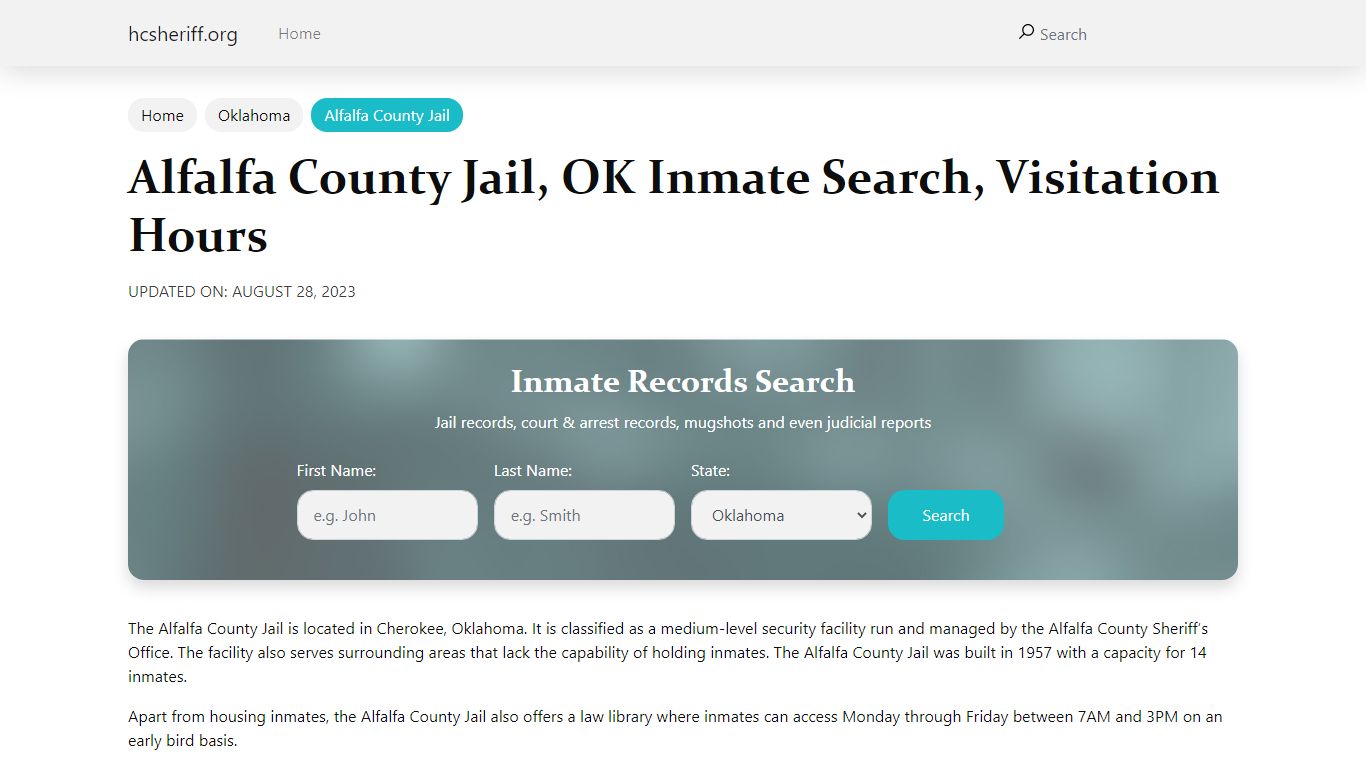 Alfalfa County Jail, OK Inmate Search, Visitation Hours